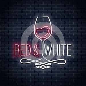 Wine glass neon banner. Red and white wine vintage neon background