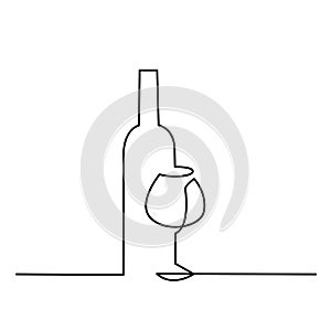 Wine glass outline vector icon. Continuous one line drawn a bottle of wine and a glass.