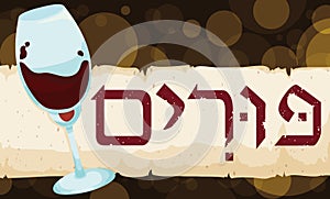 Wine glass over Scroll in Purim`s Night with Bokeh, Vector Illustration