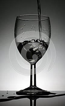 Wine glass with a pouring water standing on a black table