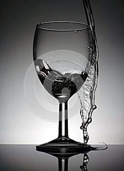 Wine glass with a pouring water standing on a black table