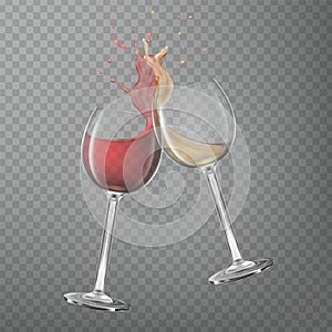 Wine glass. Red and white transparent drink, rose splash, spill liquid, two realistic wineglass goblets, alcoholic grape