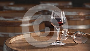 Wine glass of red wine on old wooden barrel at winery. Wine glasses and barrels. Traditional winemaking and wine tasting. 3d
