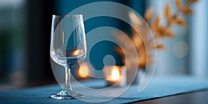 A wine glass sits on a table with candles and fall leaves in the background, creating an intimate atmosphere for dinner or drinks