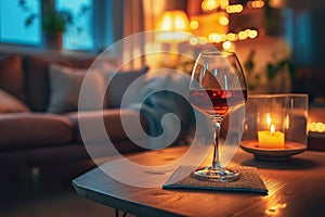 Wine glass on table at home. After work drink, date with yourself