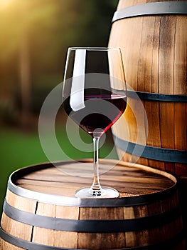 wine in a glass on a wine barrel