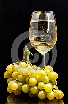 Wine glass with wine and a bunch of grapes against a black background
