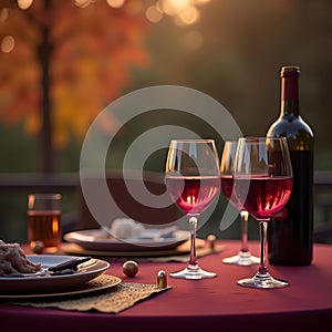 Wine Glasses Bottle Bread Sunset Nuts