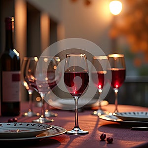 Wine Glasses Bottle Plates Sunset Bokeh
