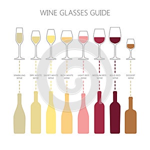 Wine glasses and bottles guide infographic. Colorful vector wine glass and wine bottle types icons.