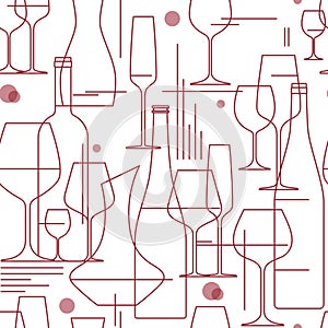 Wine glasses and bottles. Seamless background.