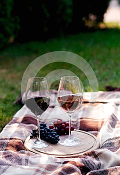 Wine in glasses with bunch of grape