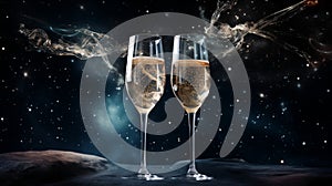 Wine glasses champagne toast with space galaxy background, amazing night starry background, dark turquoise and light gold,
