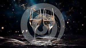 Wine glasses champagne toast with space galaxy background, amazing night starry background, dark turquoise and light gold,