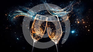 Wine glasses champagne toast with space galaxy background, amazing night starry background, dark turquoise and light gold,