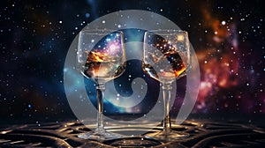 Wine glasses champagne toast with space galaxy background, amazing night starry background, dark turquoise and light gold,