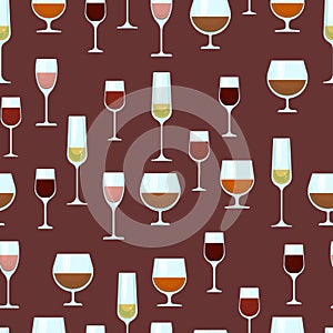 Wine glasses of different shapes with different alcohol seamless pattern. Vector background with alcohol. Print with