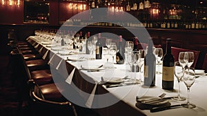 Wine and Glasses - Elegant Business Dinner, surrounded by wine glasses and place settings.