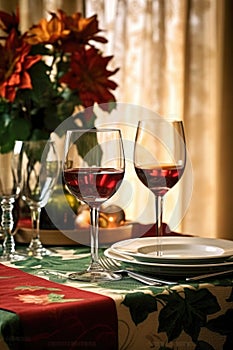 wine glasses and festive napkins on dining table