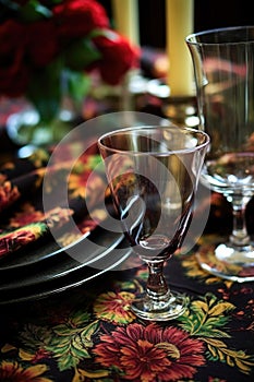 wine glasses and festive napkins on dining table