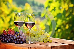 wine glasses and grape bunch on vineyard table