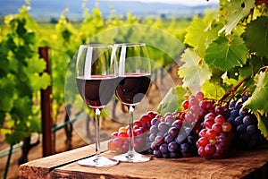 wine glasses and grape bunch on vineyard table