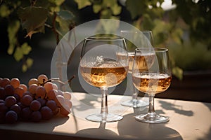 Wine in the glasses and grapes on the table outdoors on background of winery yard