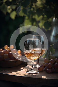 Wine in the glasses and grapes on the table outdoors on background of winery yard