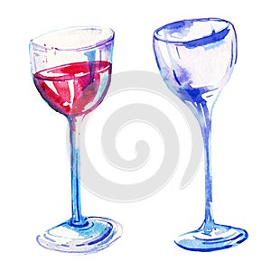 Wine glasses hand drawn watercolor set for posters and cards