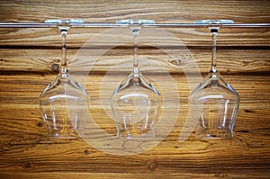 Wine glasses hanging on the counter