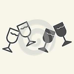 Wine glasses line and solid icon. Two cheering glass outline style pictogram on white background. Couple of champagne