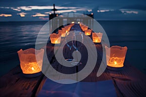 wine glasses between lit candles on pier, night setting