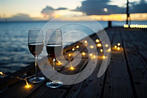 wine glasses on pier with string lights, evening mood