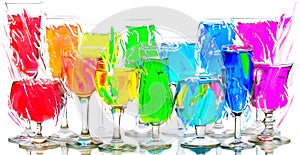 Wine glasses with red, orange, yellow, green, blue, violet liquids stand on a glass surface