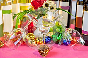 Wine glasses in a restaurant setting for christmas and newyear