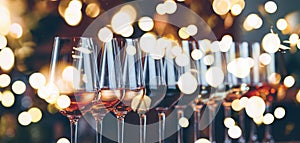 Wine glasses in a row. Buffet table celebration of wine tasting. Nightlife, celebration and entertainment concept