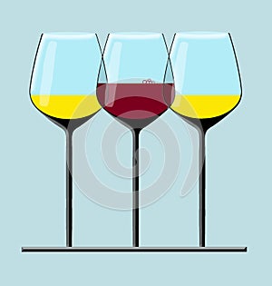 Wine glasses are seen in a modern stylish graphic illustration. Red wine is in one of the glasses