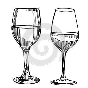 Wine glasses. Sketch vintage illustration. Isolated on white background. Hand drawn engraving style illustrations.