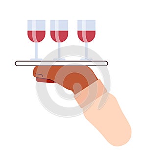 Wine glasses tray holding cartoon character hand illustration