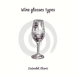 Wine glasses types collection, Zinfandel, Chianti. Ink black and white drawing in woodcut style