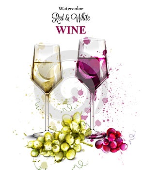 Wine glasses watercolor Vector. Vintage painted style illustrations