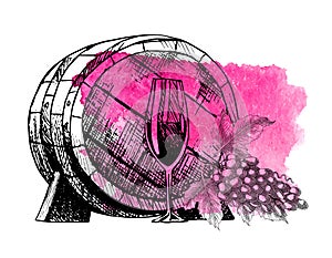 Wine grape. Barrel, glass, grape twig. Vector background with wine stains and hand drawn sketch illustration of grapes