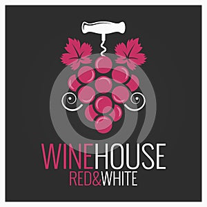 Wine grape with wine corkscrew logo on black background