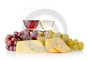 Wine and grapes isolated on white with cheese