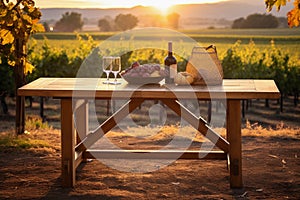 Wine and Grapes on Table at Vineyard Sunset