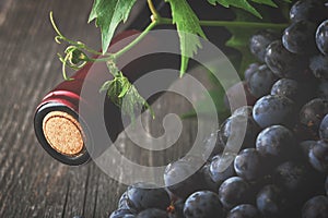 Wine grapes and wine on a wooden background