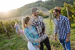 Wine grower and people in vineyard