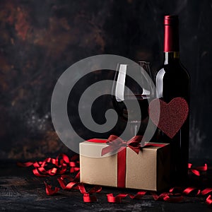 Wine, hearts and a holiday gift. Copy space