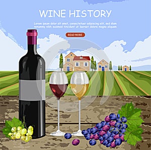 Wine history card with full glasses and bottle Vector. Vineyard backgrounds