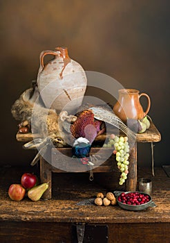 Wine jug and hunting scene